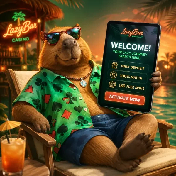 LazyBar mobile app glowing on tablet as capybara welcomes new players poolside