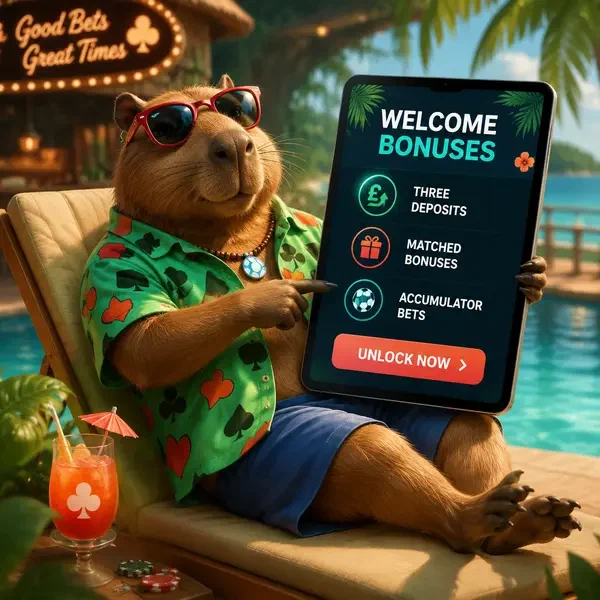 Relaxed capybara hosts LazyBar Sportsbook sports betting welcome at poolside tablet display