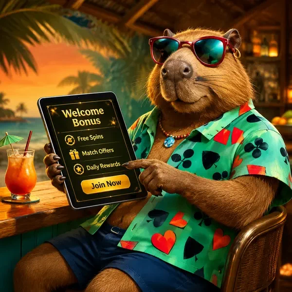 LazyBar capybara relaxing at tropical bar, viewing welcome bonus offers on golden tablet screen