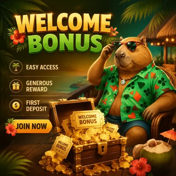 LazyBar capybara discovering welcome bonus treasure at tropical casino login portal