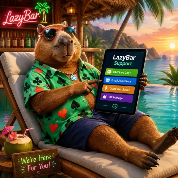 LazyBar customer support interface glowing as capybara relaxes poolside