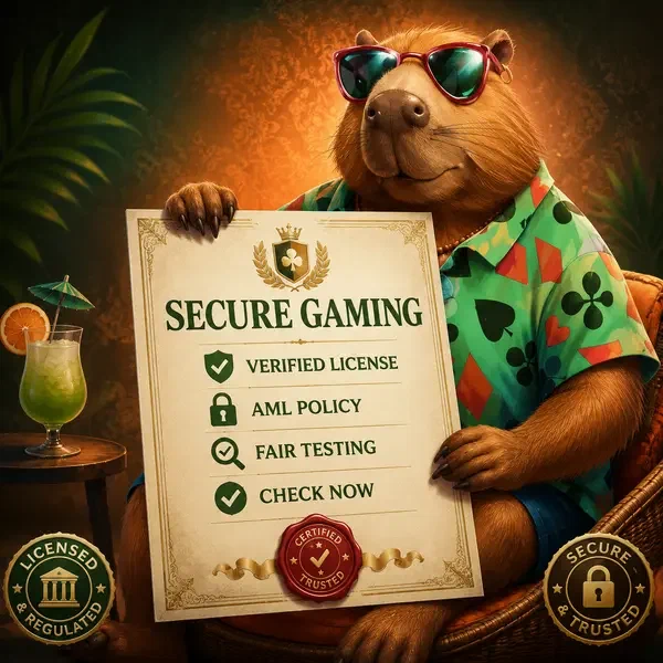 LazyBar capybara confidently displaying licensing certificate while players verify credentials