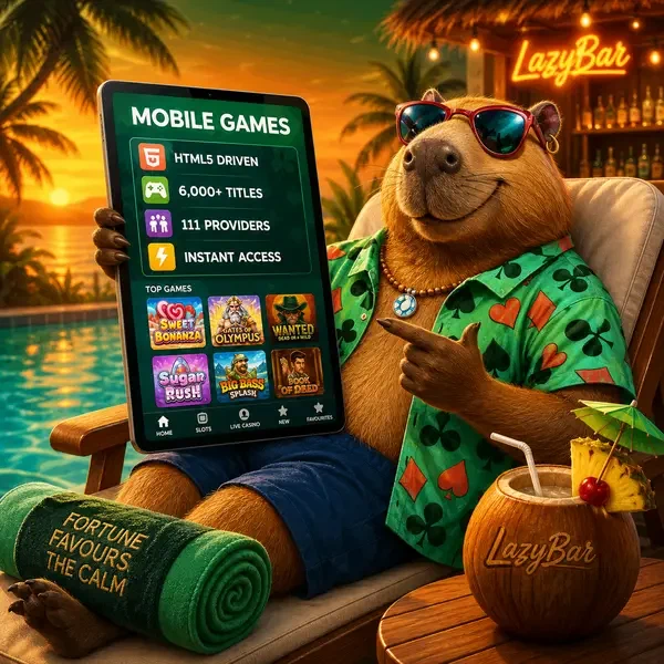 LazyBar Capybara relaxing poolside with mobile app displaying 6,000+ games on tablet screen