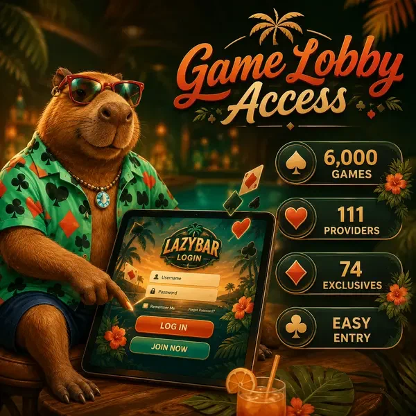 Relaxed capybara helping player log in to LazyBar game lobby with tropical interface