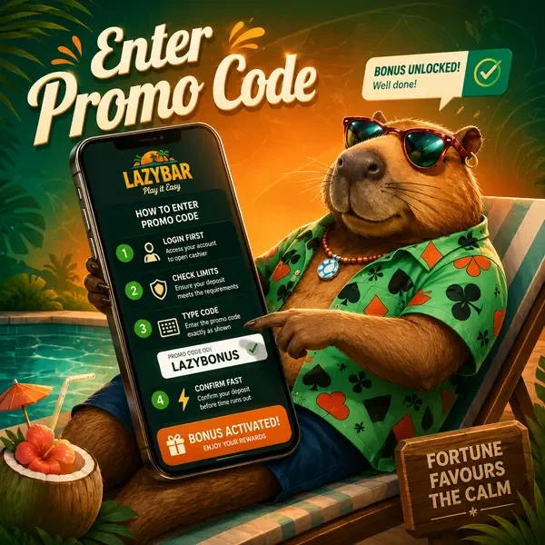 LazyBar capybara casually entering promo code on smartphone at tropical poolside