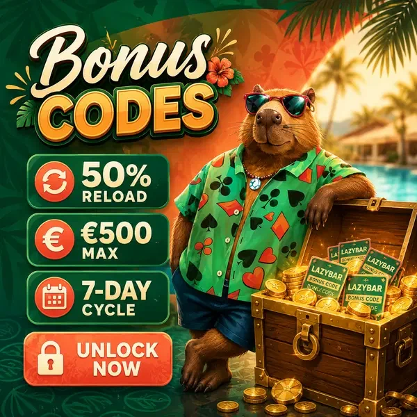 Capybara mascot beside treasure chest filled with bonus codes at LazyBar Casino