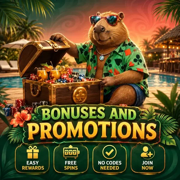 LazyBar capybara opening treasure chest overflowing with bonus coins by tropical poolside