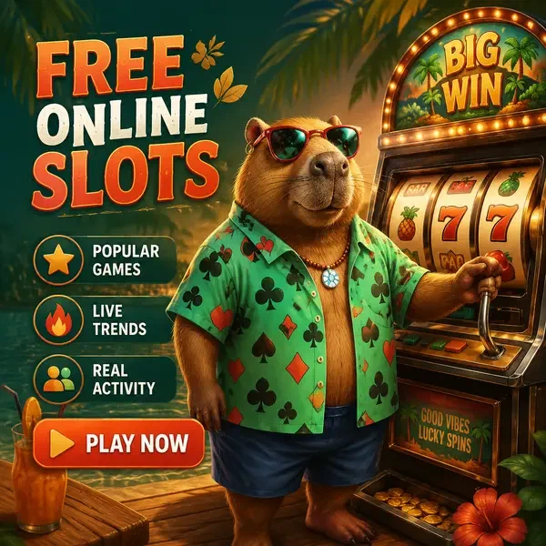 LazyBar Free Online Slots capybara relaxing by colorful slot machines at poolside casino