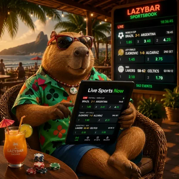 LazyBar Capybara browsing sports betting odds on tablet at tropical casino terrace