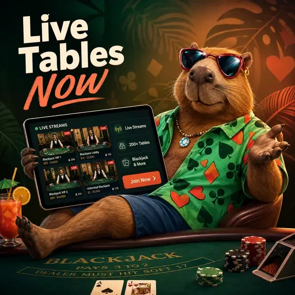 LazyBar Capybara lounging with tablet showing live casino streams and table options