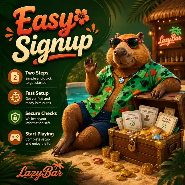 LazyBar Capybara relaxing by treasure chest, ready to help new players sign up