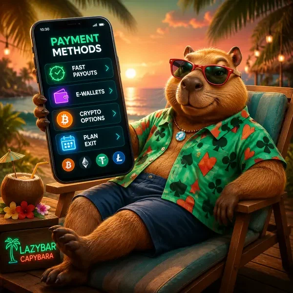 LazyBar capybara browsing payment methods on smartphone with crypto and e-wallet options