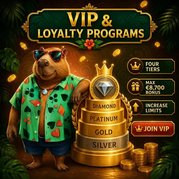 Capybara touching golden VIP badge at LazyBar Casino loyalty program tiers