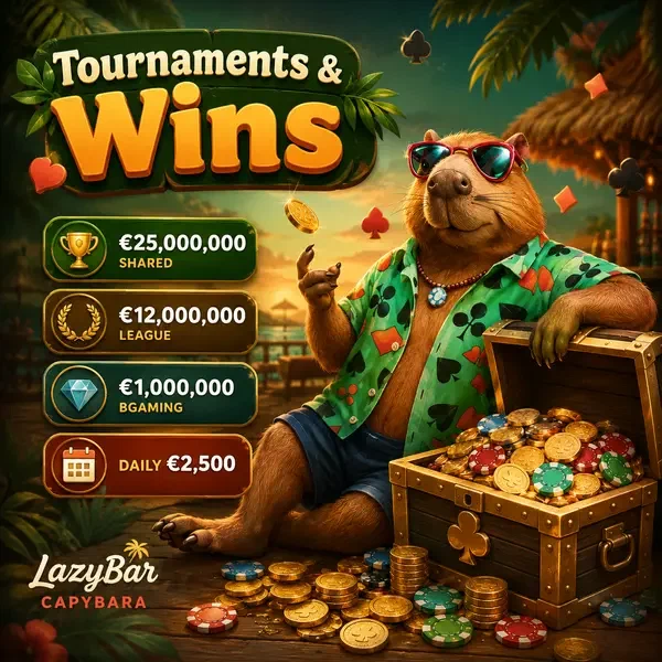 LazyBar Capybara flipping lucky coin at tournament prize chest overflowing with winnings