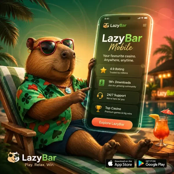LazyBar mobile app interface glowing as capybara taps screen from poolside lounge chair