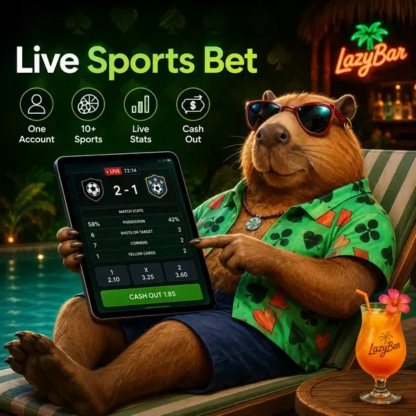 LazyBar Sports Betting capybara analyzing live sports betting data on tablet by tropical poolside bar